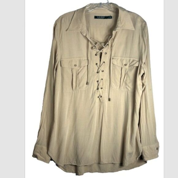 Lauren Ralph Lauren Tops - LRL Ralph Lauren ladies Lace up Blouse Large brown capsule career button front